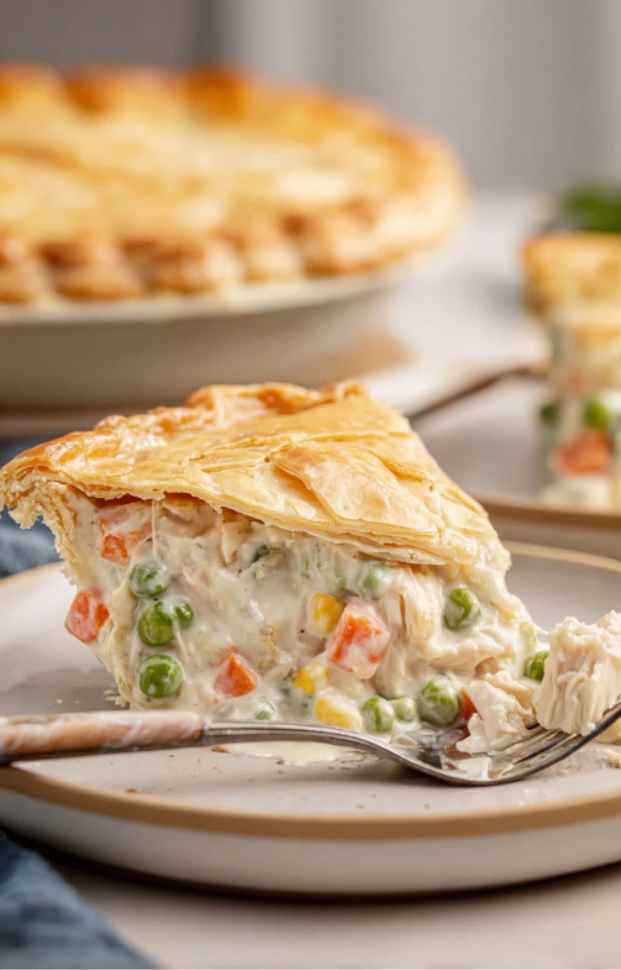 An appetizing close-up of a slice of Dad’s Turkey Pot Pie on a plate, highlighting the thick, savory gravy and tender turkey pieces.