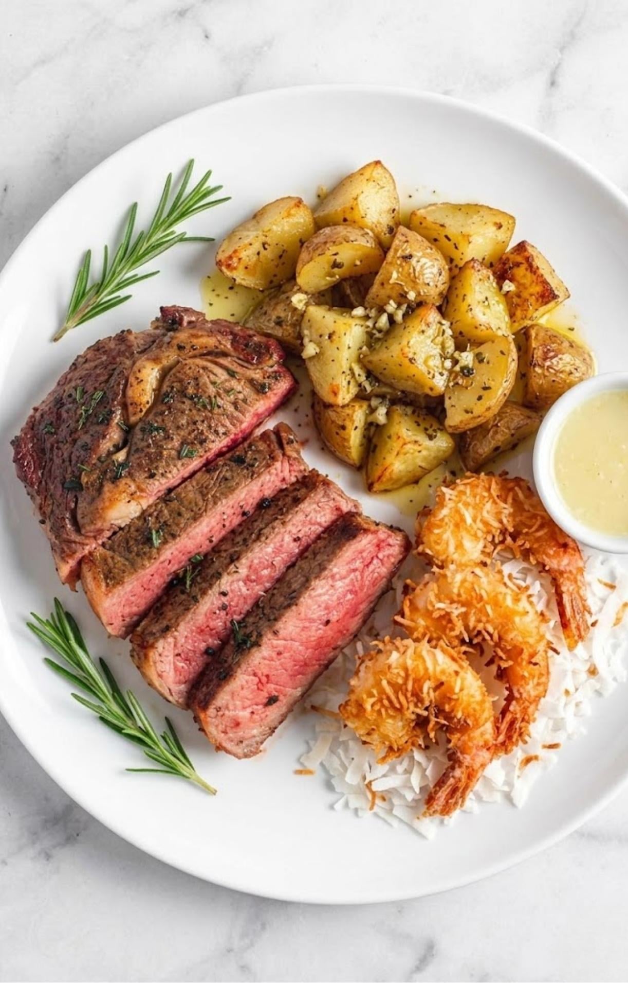 A plated Rib Eye Steak Recipe featuring sliced beef, crispy coconut shrimp over rice, roasted garlic potatoes, and a side of dipping sauce.