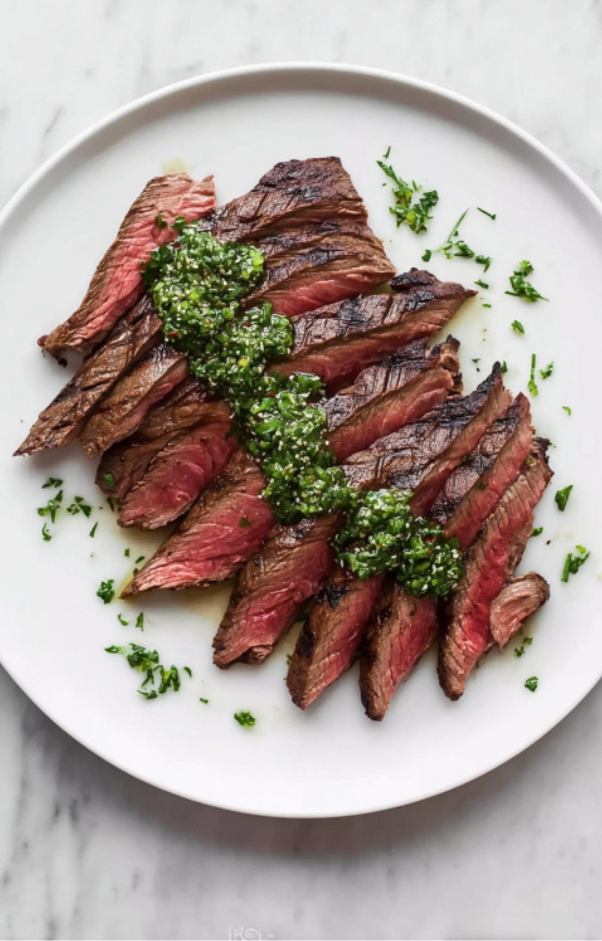 Juicy grilled flank steak sliced and topped with fresh chimichurri sauce on a white plate.