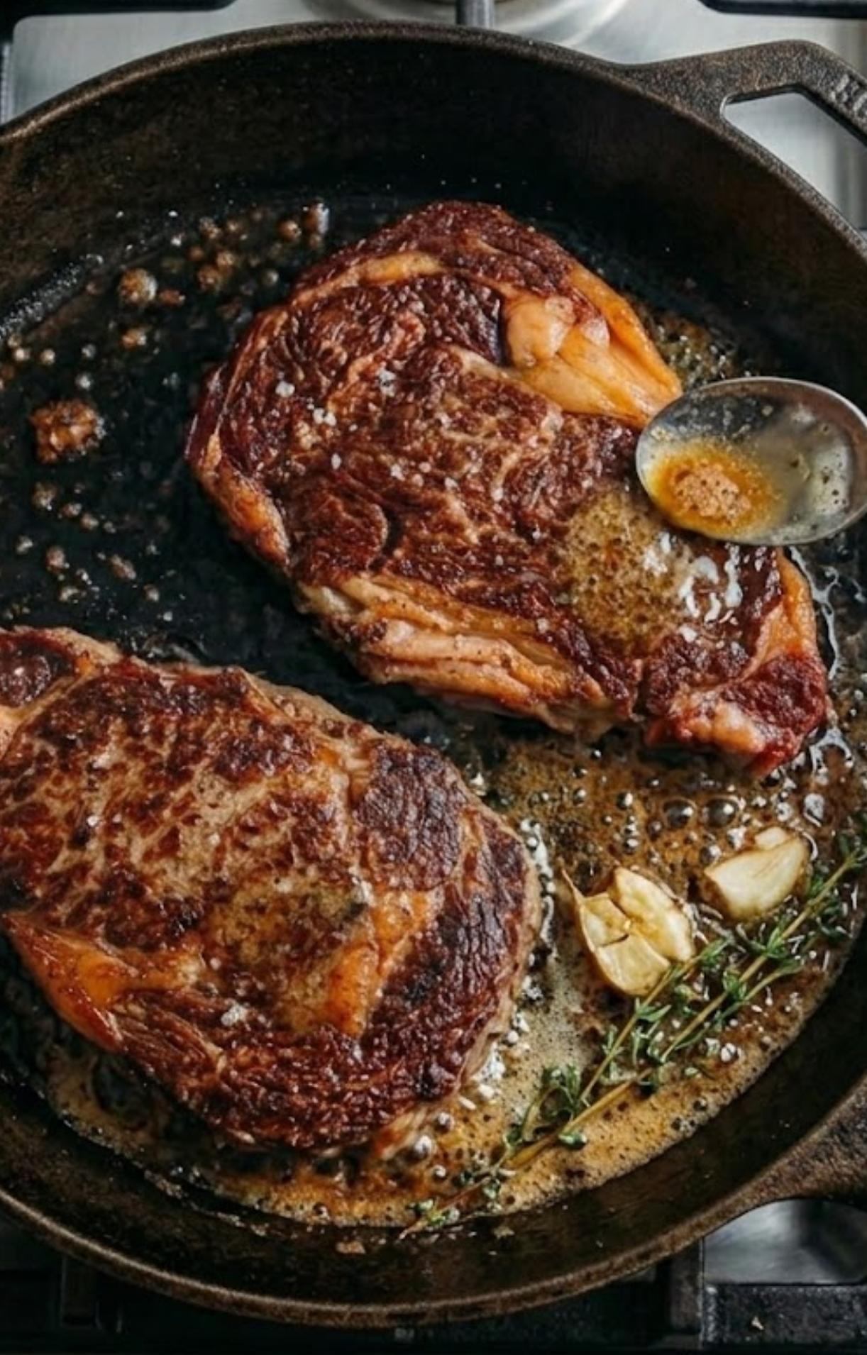 Two rib eye steaks being basted with melted butter, garlic, and thyme in a cast iron skillet using a silver spoon.