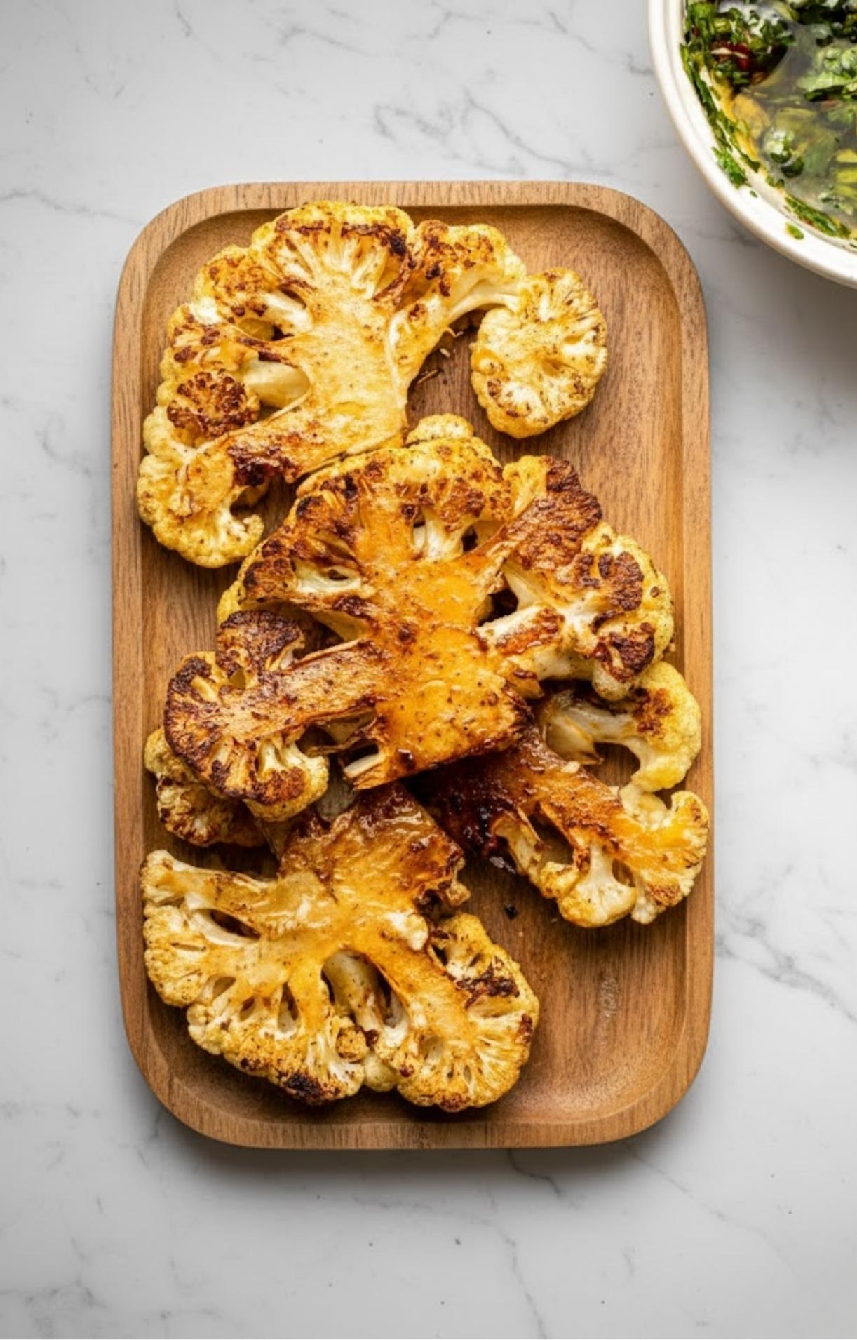 Crispy, golden-brown cauliflower steaks arranged on a wooden platter, ready to serve with fresh chimichurri sauce in the corner.