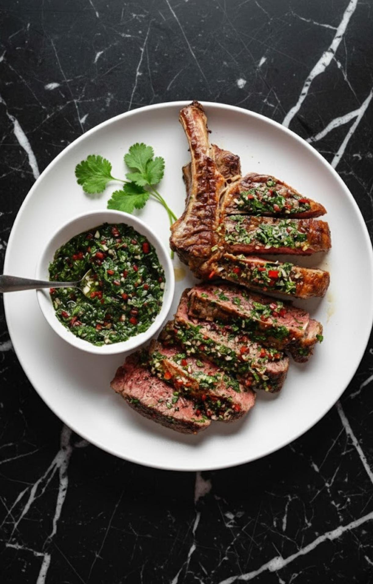 Grilled and sliced T-bone steak served with chimichurri sauce and cilantro on a white plate. A juicy, flavorful steak recipe for summer BBQs.