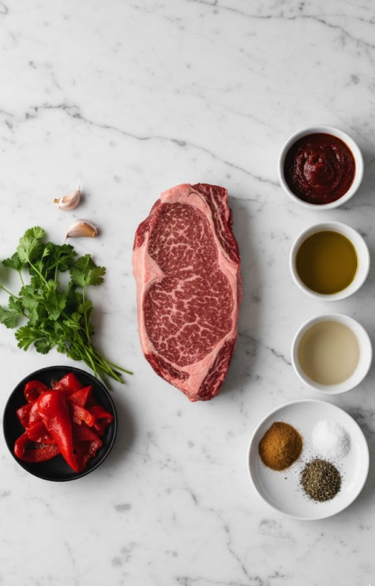 Raw steak, cilantro, roasted red peppers, olive oil, vinegar, spices, and garlic on a marble counter. Everything for a bold summer steak recipe.