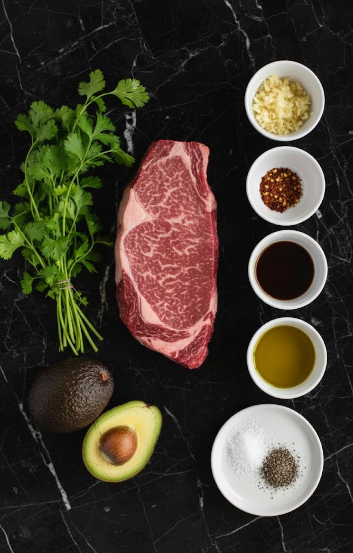 Raw steak, avocado, cilantro, garlic, oil, vinegar, spices on a black marble counter. Ingredients for the best creamy chimichurri steak recipe.
