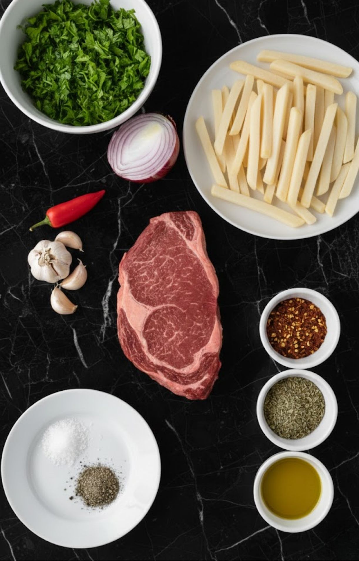 Flat lay of fresh herbs, steak, fries, chili, garlic, olive oil, and spices for making steak with chimichurri and fries.