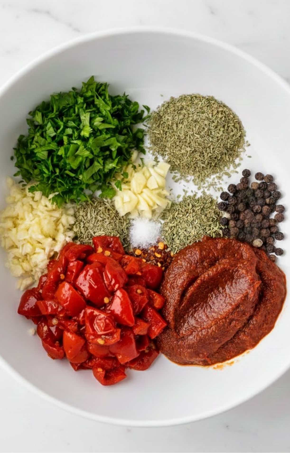 Bowl of chopped parsley, garlic, roasted red peppers, chipotle, and spices. Everything you need for homemade red chimichurri sauce.