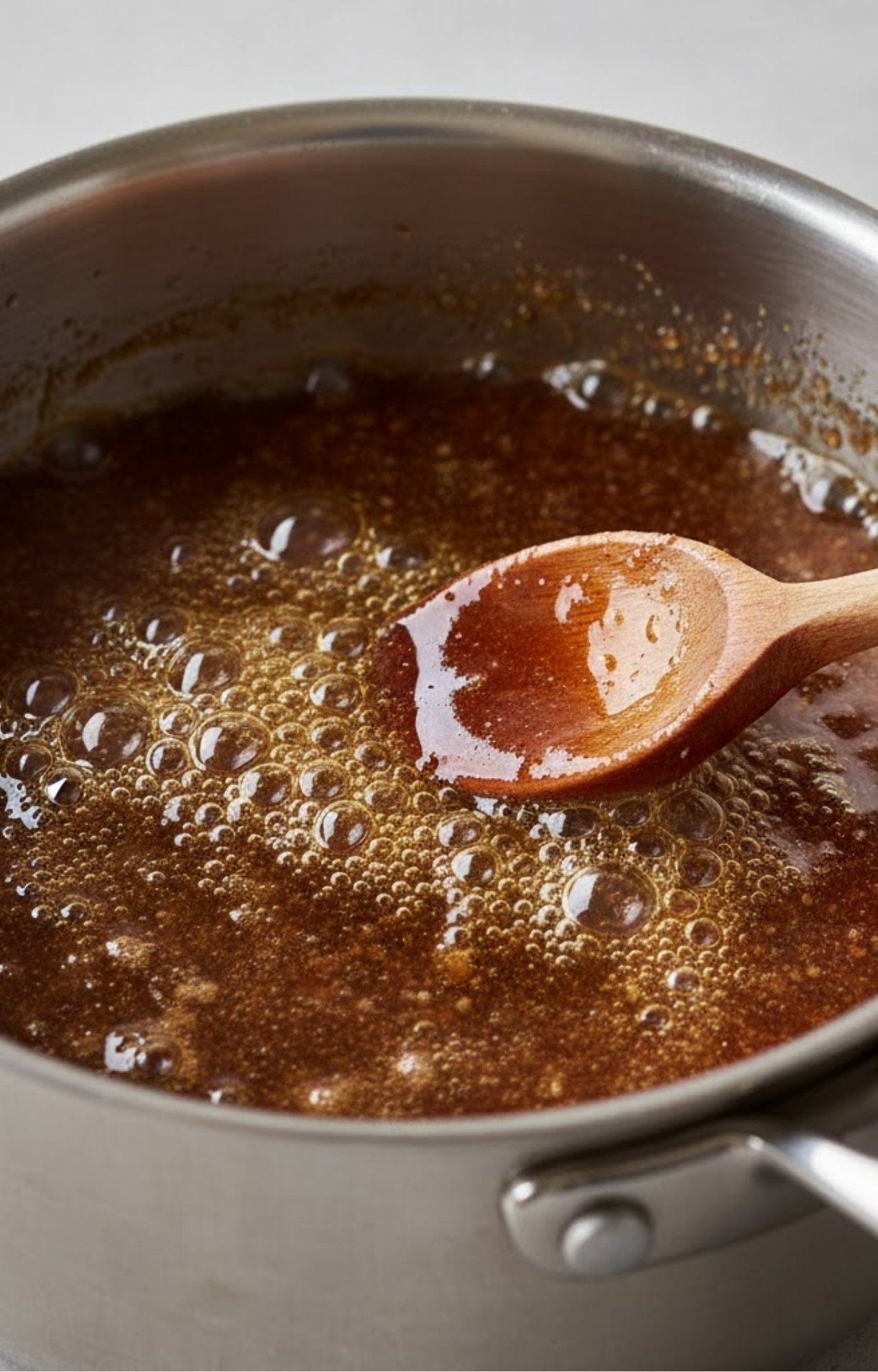 Pot of brown sugar pineapple glaze bubbling on the stove, ready for slow cooker ham.