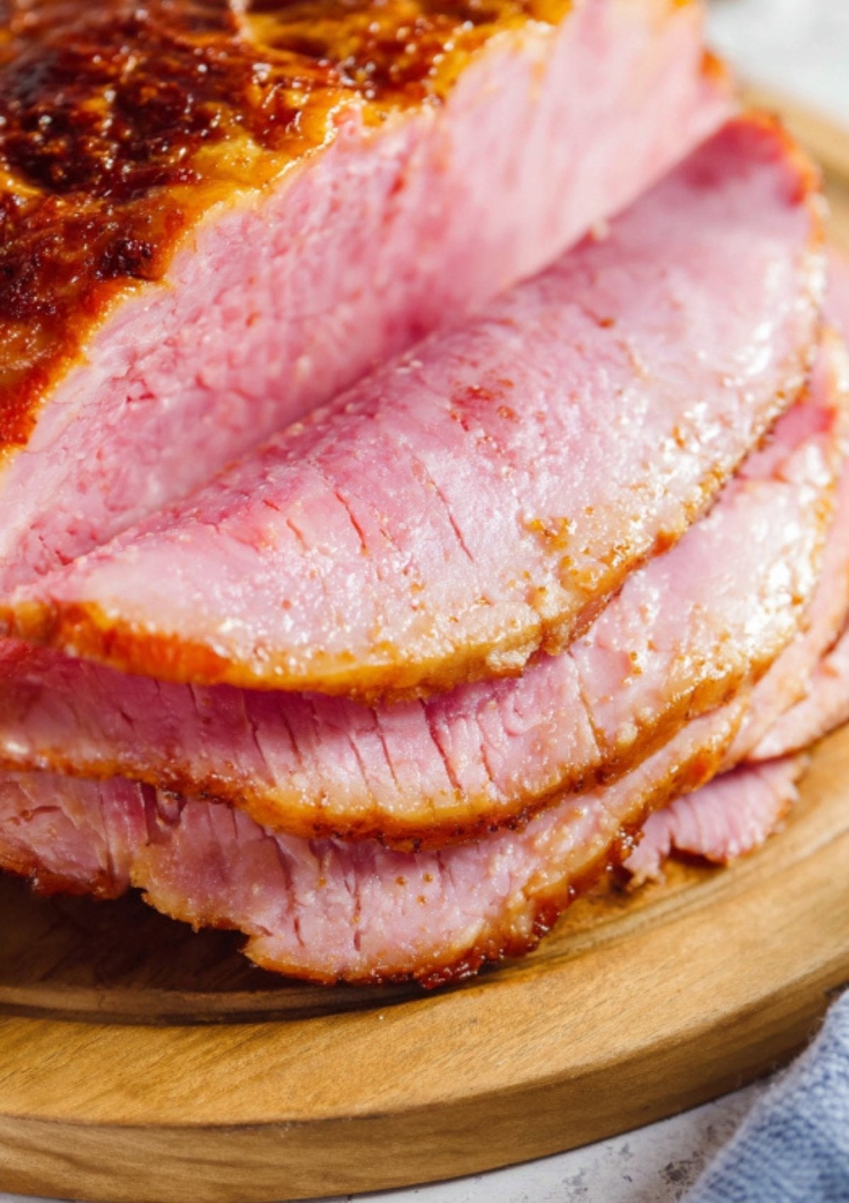 Closeup of sliced smoked ham, tender and juicy, perfect for Easter or Christmas dinner