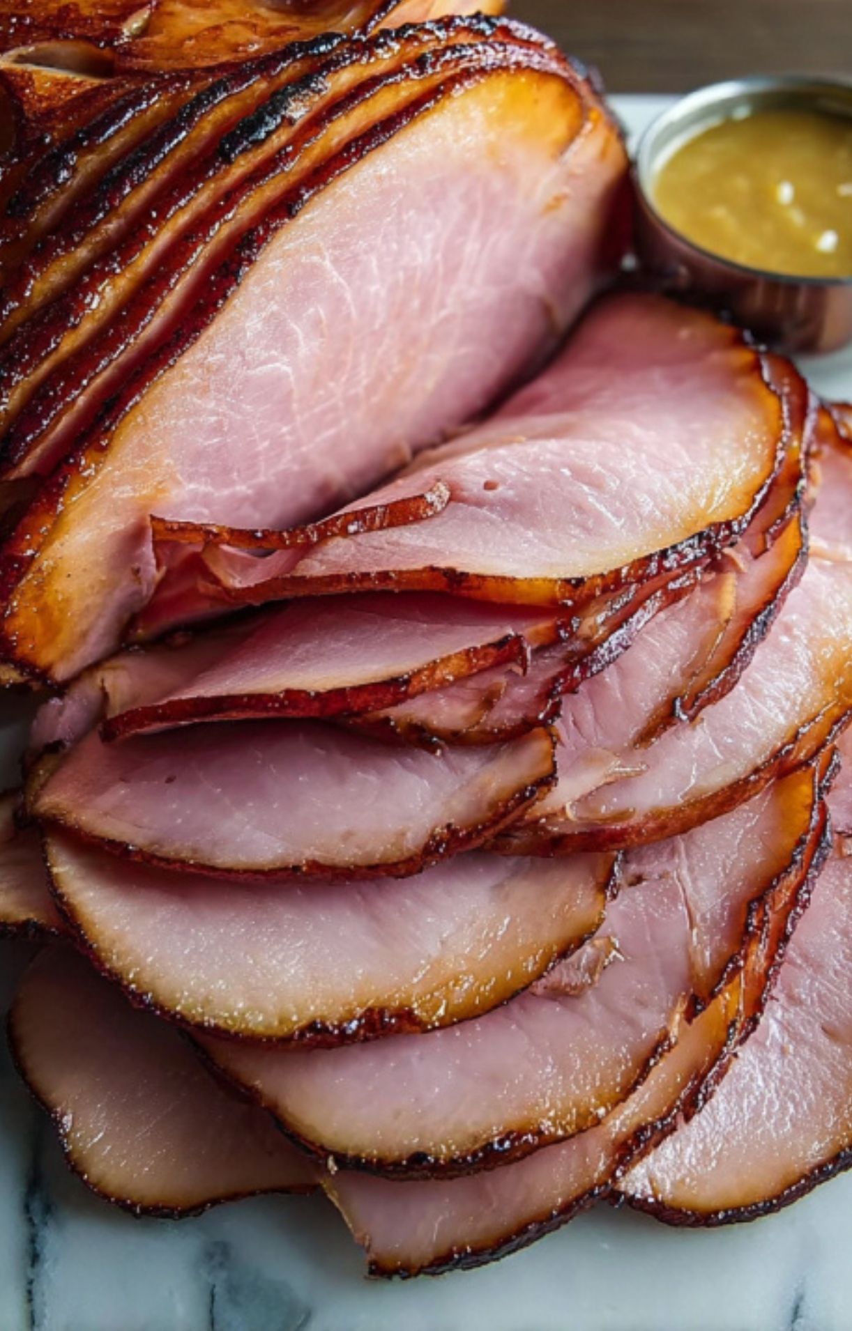 Juicy sliced smoked ham with brown sugar glaze, cooked to perfect internal temperature