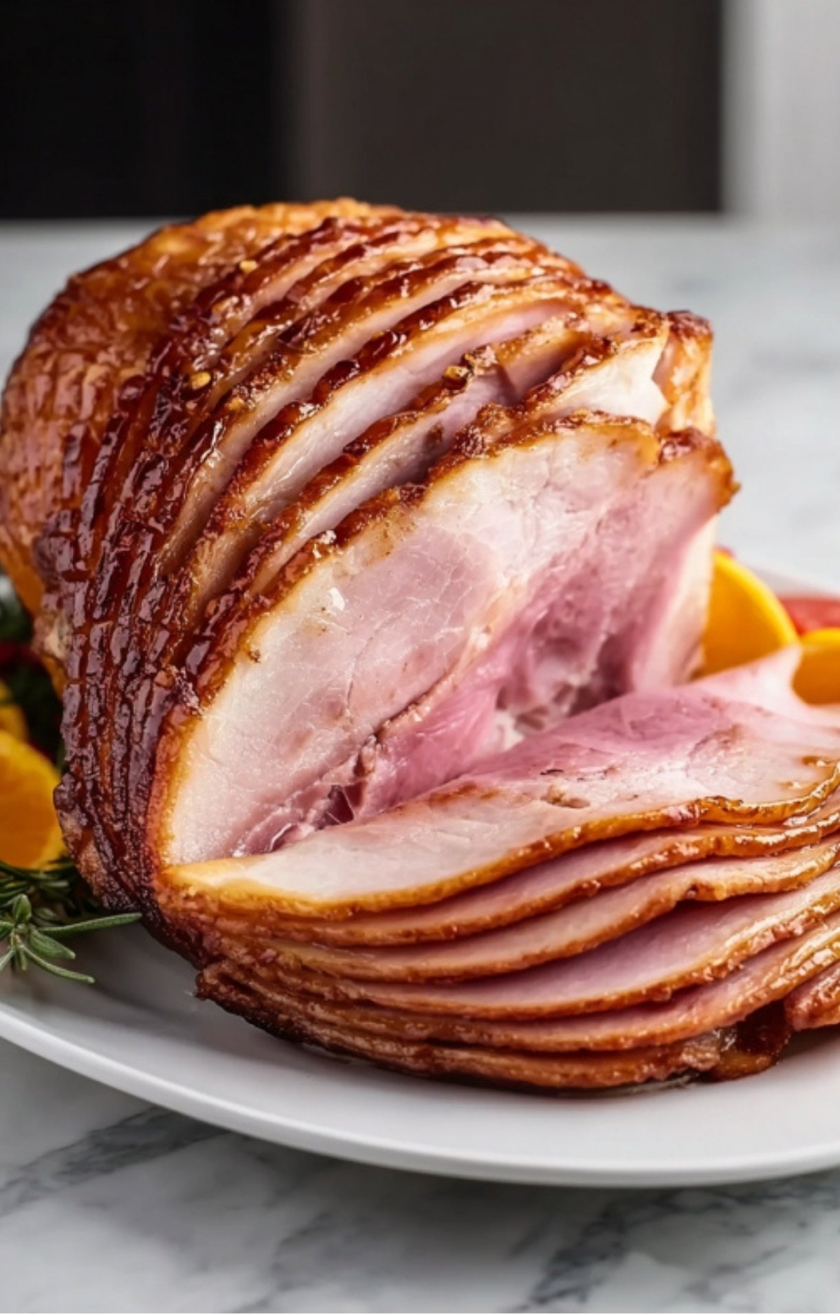 A close-up of a succulent, spiral-sliced smoked ham garnished with orange slices and rosemary on a white plate.