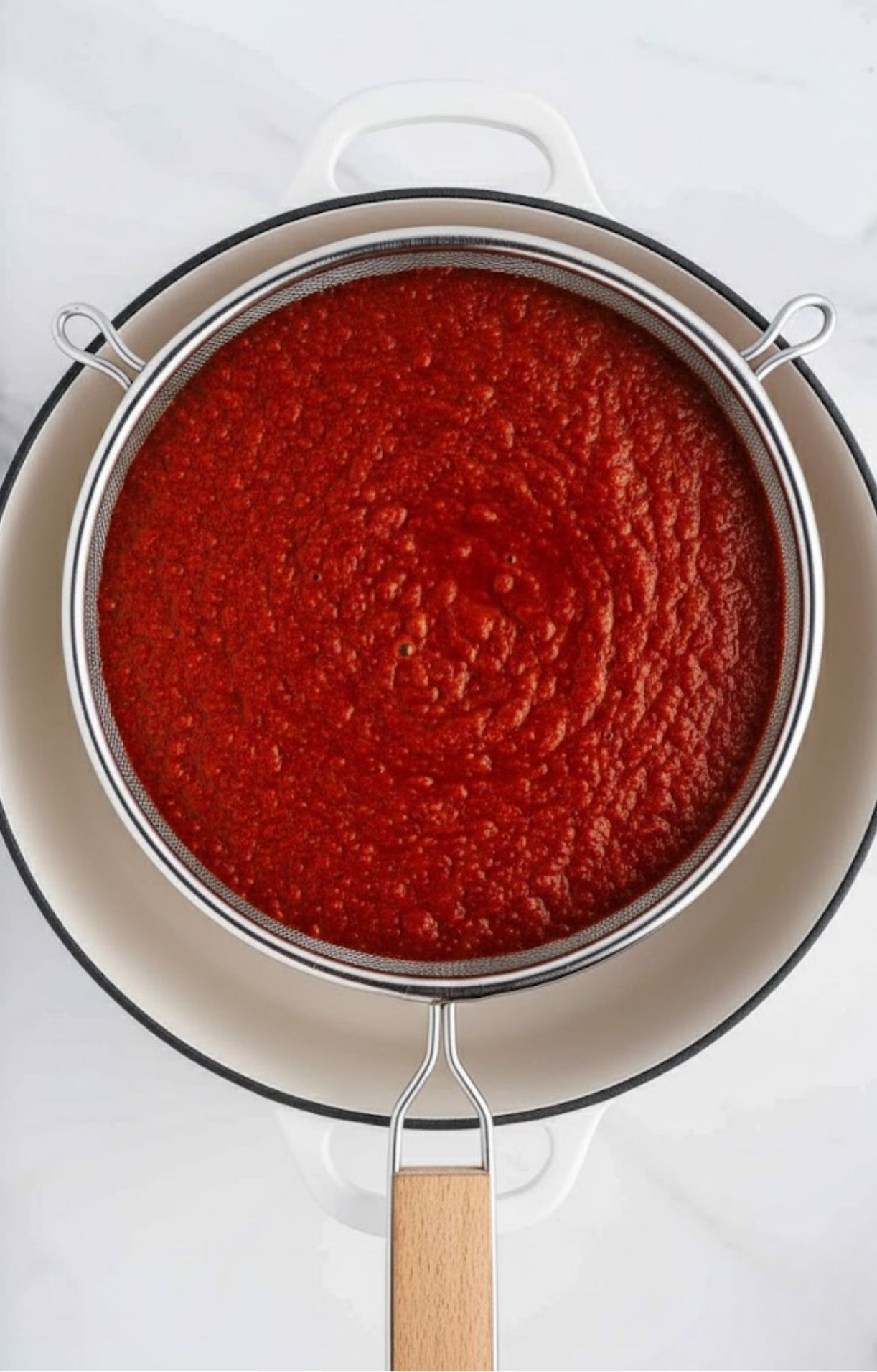 Bright red birria sauce being filtered through a fine-mesh sieve into a white pot for a smooth texture.