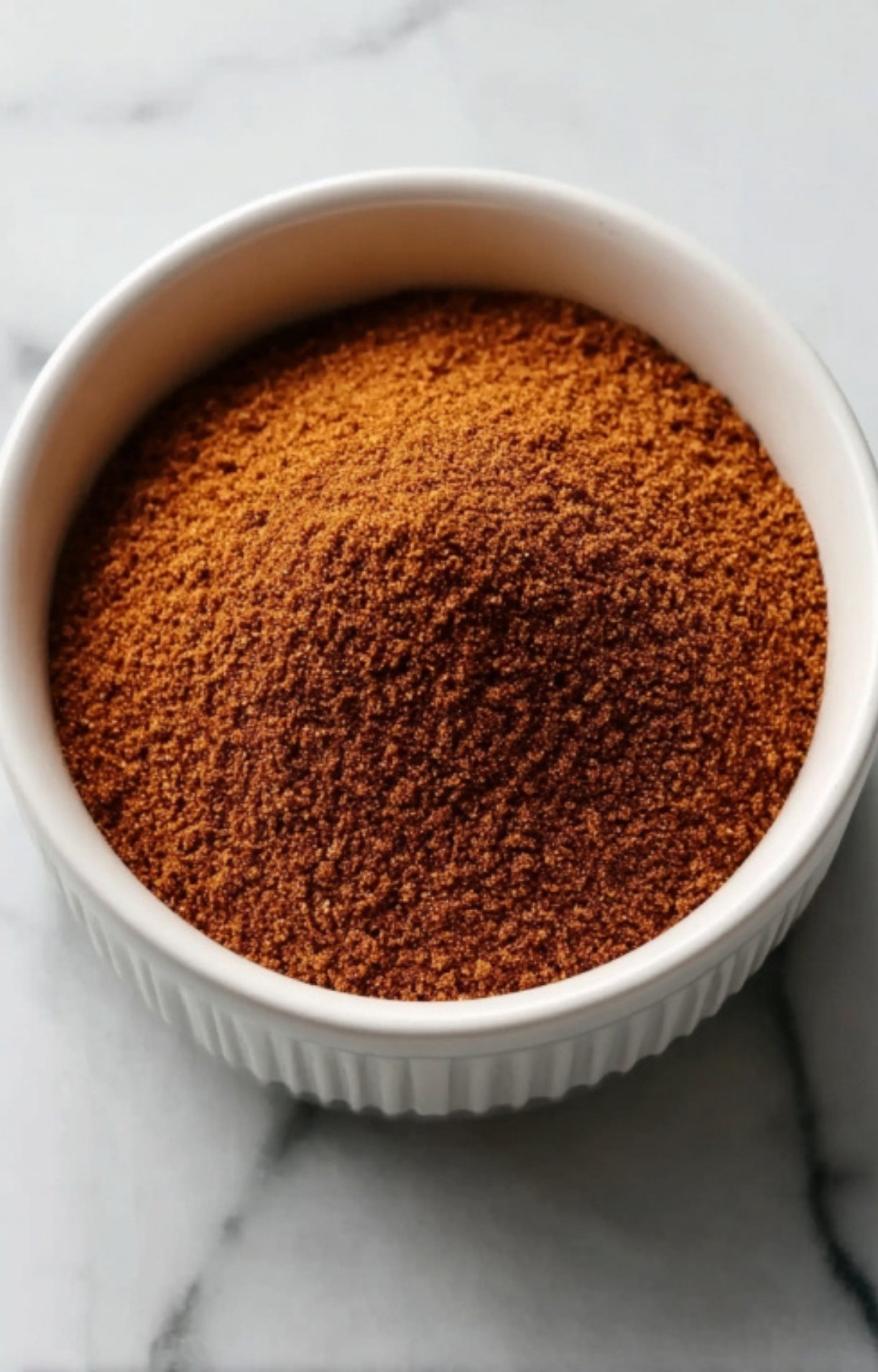 A white ramekin filled to the brim with a finely textured, vibrant reddish-brown Birria Taco Seasoning powder sitting on a marble surface.
