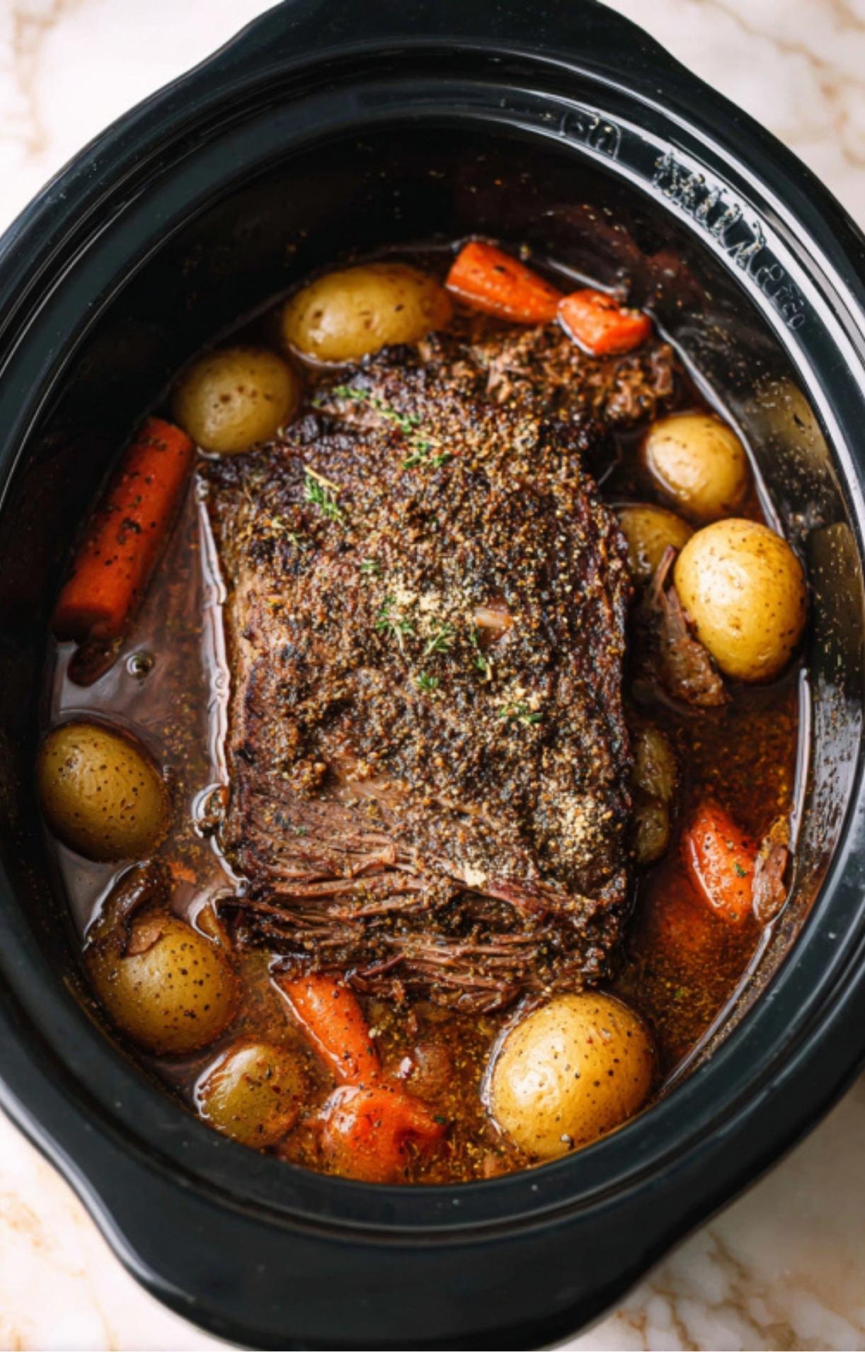 The raw beef roast inside the pot, heavily coated with dried herbs and seasonings, topped with two fresh sprigs of thyme.
