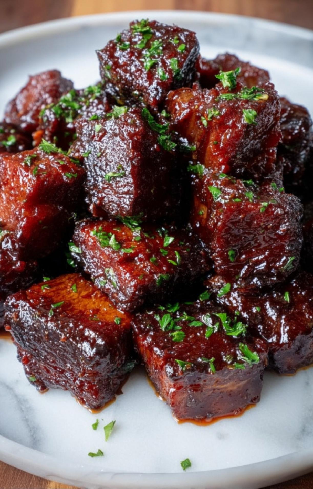 A mound of dark, saucy chuck roast burnt ends topped with chopped parsley, served on a white marble-patterned plate.