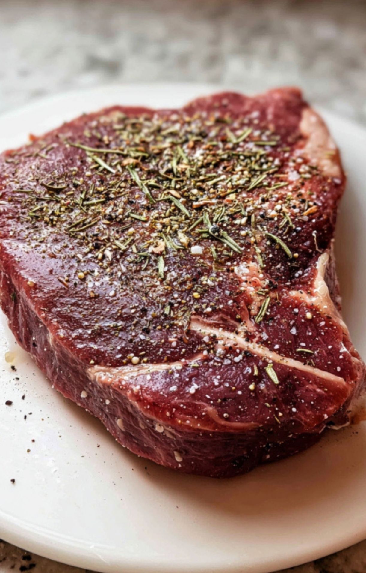 Close-up of a thick raw chuck roast heavily seasoned with salt, cracked black pepper, and dried herbs.
