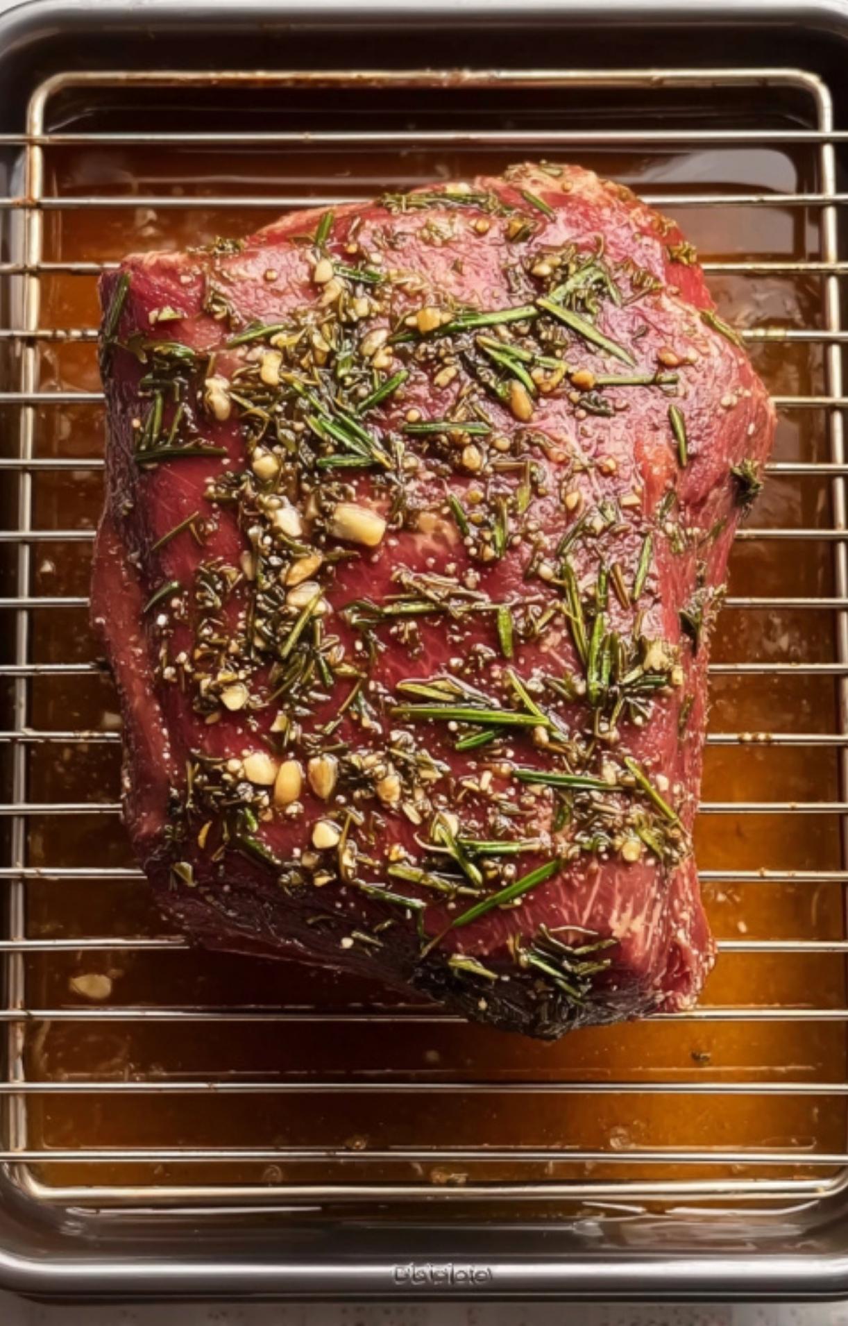 A raw Chuck Tender Roast sitting on a wire rack in a roasting pan, generously coated with a herb and garlic rub.