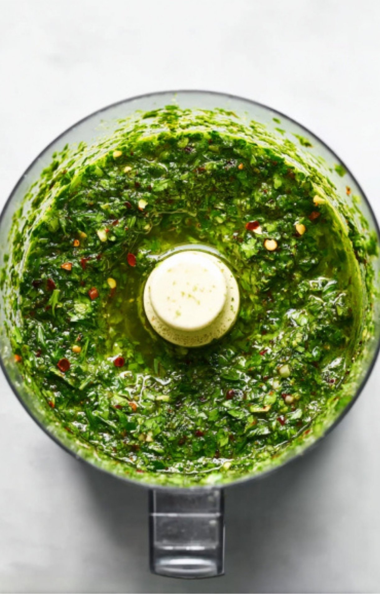 Vibrant green chimichurri sauce made with parsley, cilantro, and garlic, blended in a food processor.