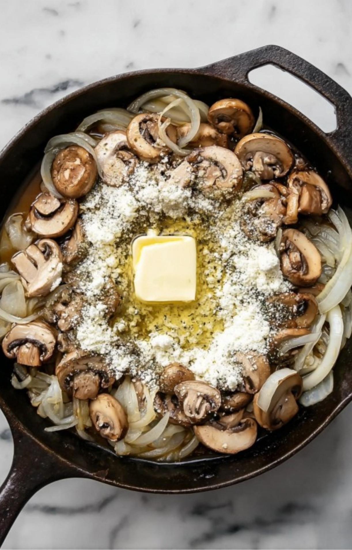 Sliced mushrooms and onions cooking in a cast-iron skillet with a pat of butter and seasonings in the center.
