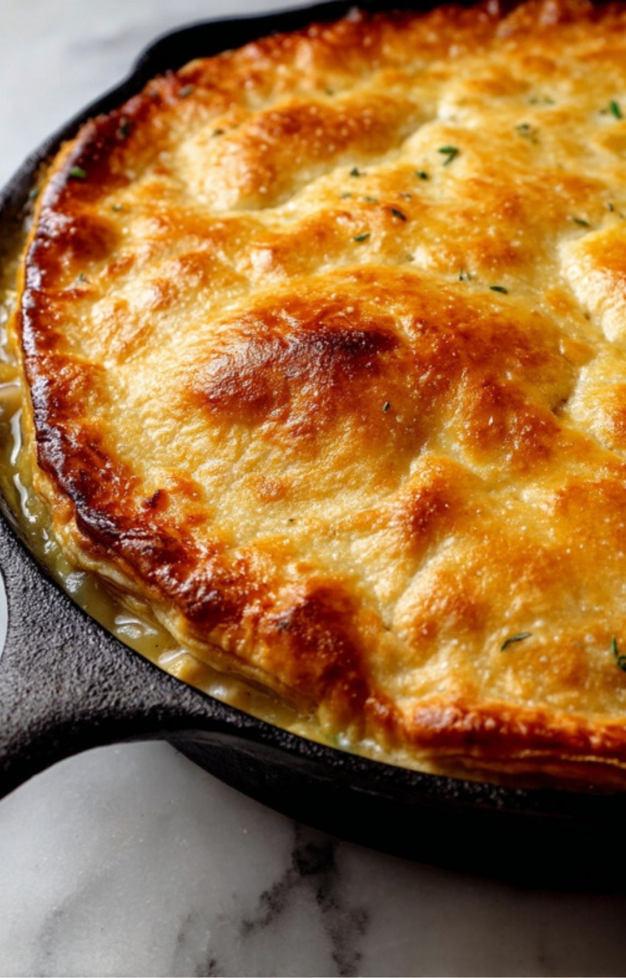 A close-up view of a perfectly golden-brown, flaky puff pastry crust emerging from the oven for Gluten Free Turkey Pot Pie.