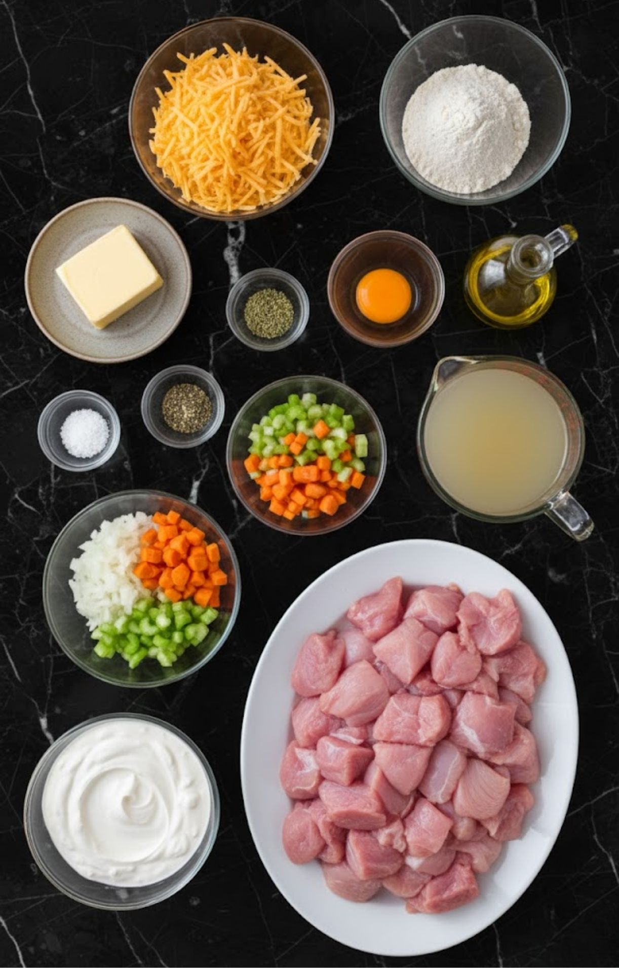 A top-down view of bowls containing turkey, shredded cheese, cream, broth, egg, and fresh vegetables needed for a keto turkey pot pie.