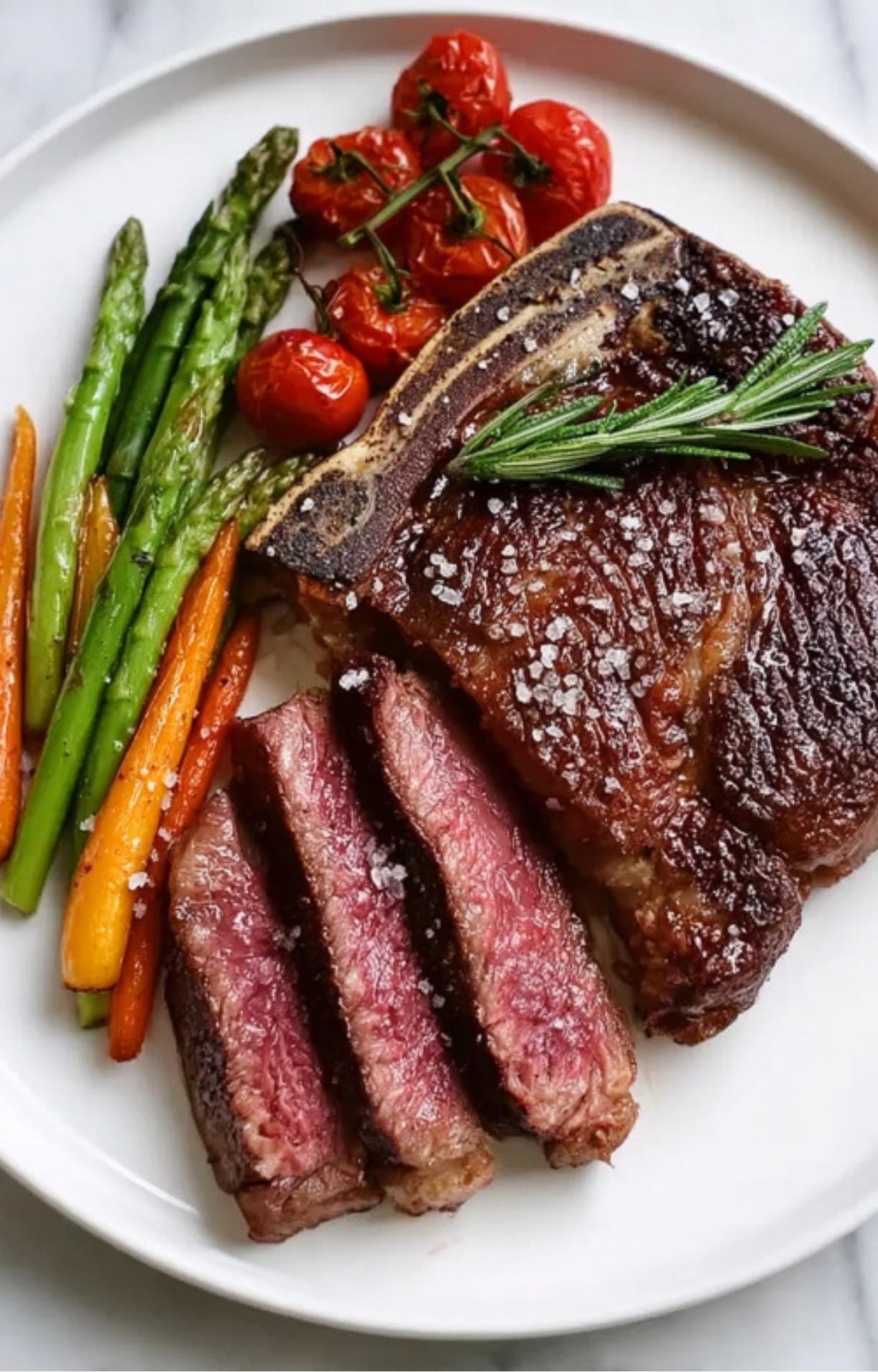 Top-down view of a bone-in rib eye steak seasoned with sea salt and rosemary, served with garden vegetables to showcase rib eye steak nutrition and keto-friendly ingredients.