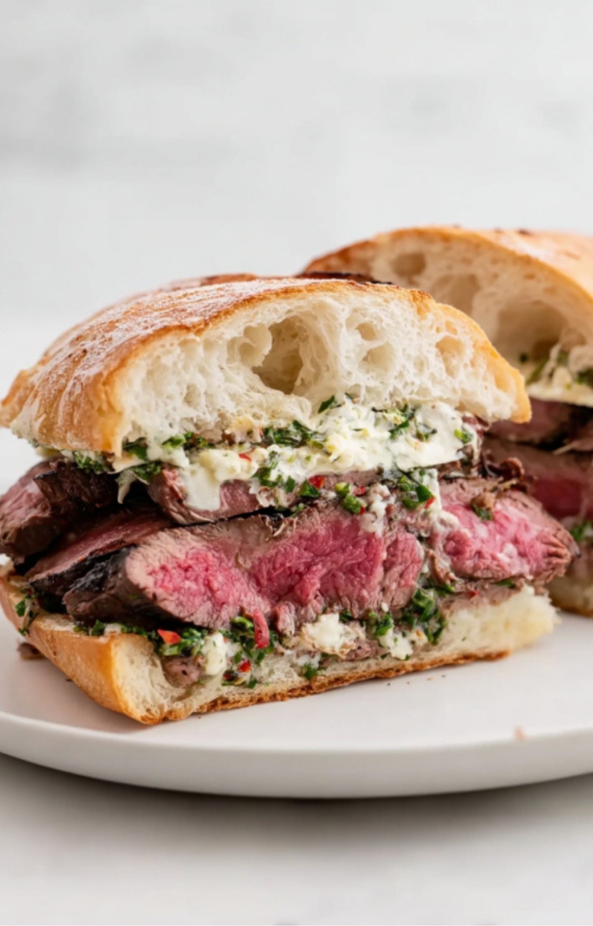 Sliced ciabatta sandwich filled with grilled steak, creamy cheese, and fresh chimichurri sauce.