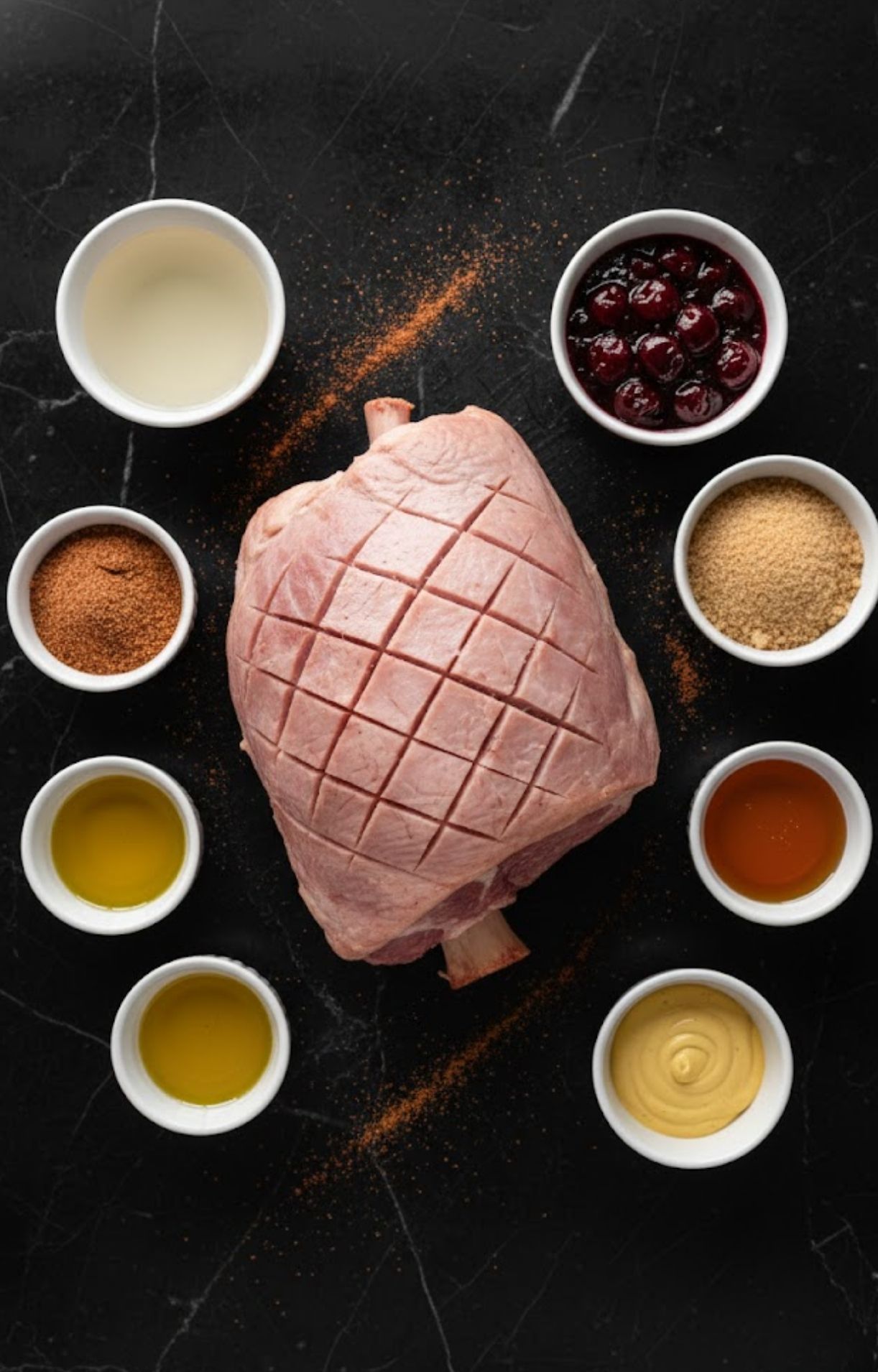 Bone-in raw ham surrounded by small bowls of cherry preserves, brown sugar, honey, mustard, oil, and vinegar on a black countertop.