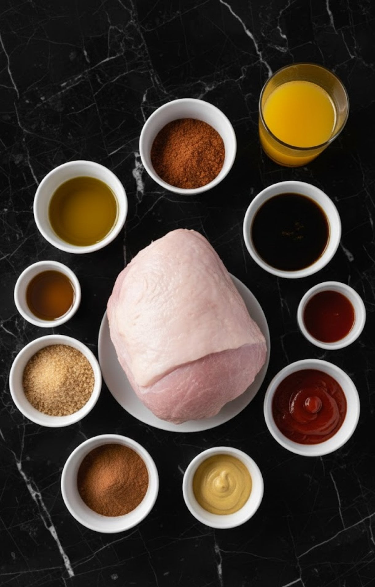 Ingredients for double smoked ham on a black countertop, including ham, spices, sauces, and juice.