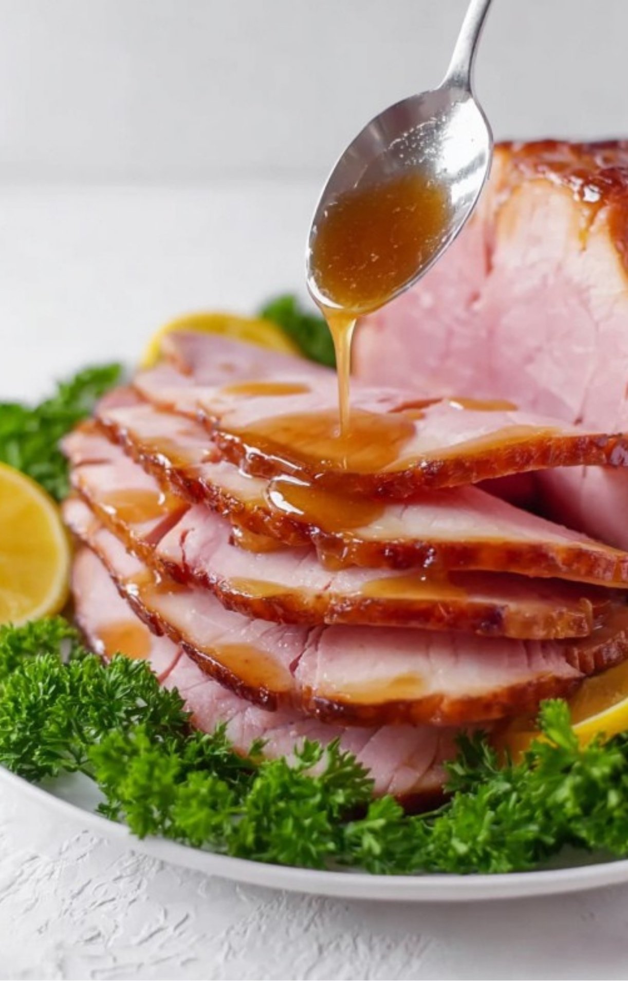 Slices of smoked ham on a platter with parsley, drizzled with brown sugar pineapple glaze.