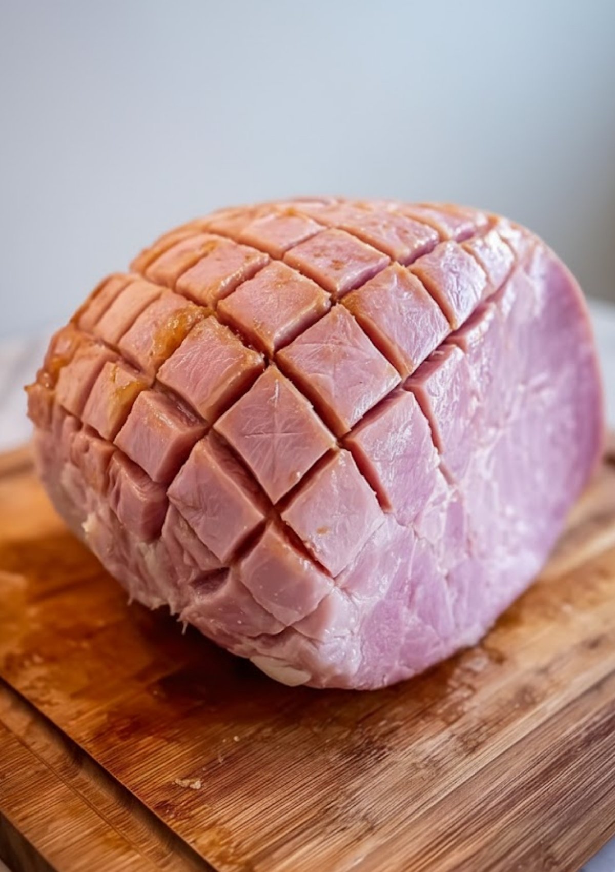 Ham scored with diamond pattern, prepped for smoking on grill