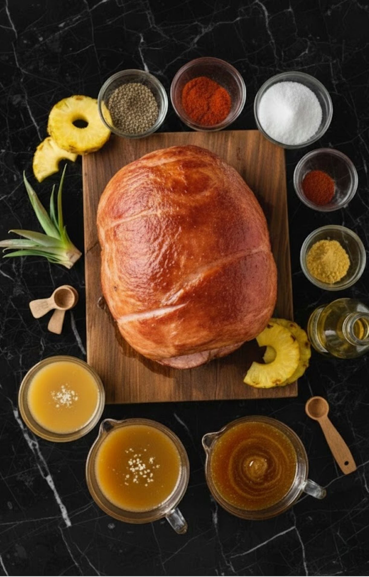 Precooked ham with pineapple, spices, and glaze ingredients for smoking