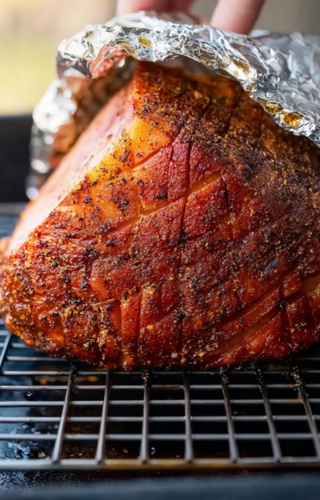 Smoked ham resting on grill after cooking