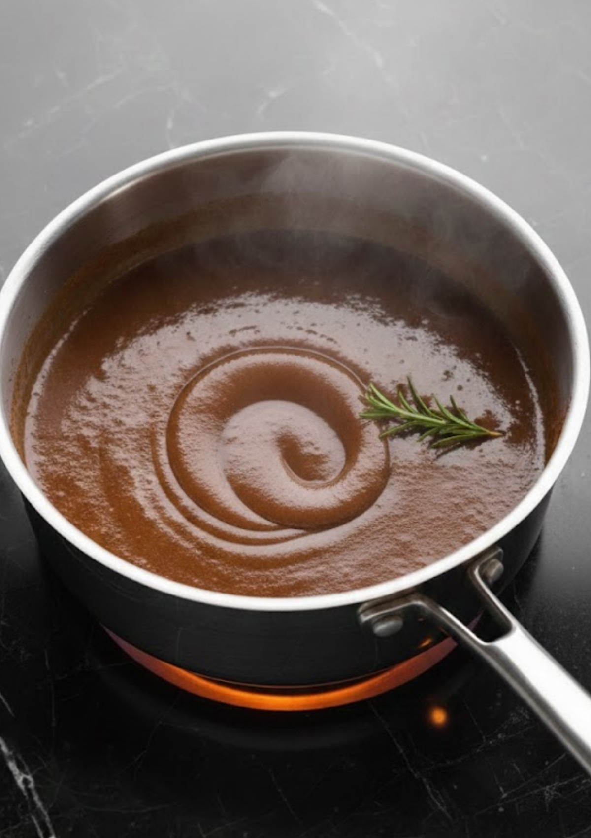 Saucepan with bubbling maple brown sugar glaze and rosemary for ham, rich and shiny