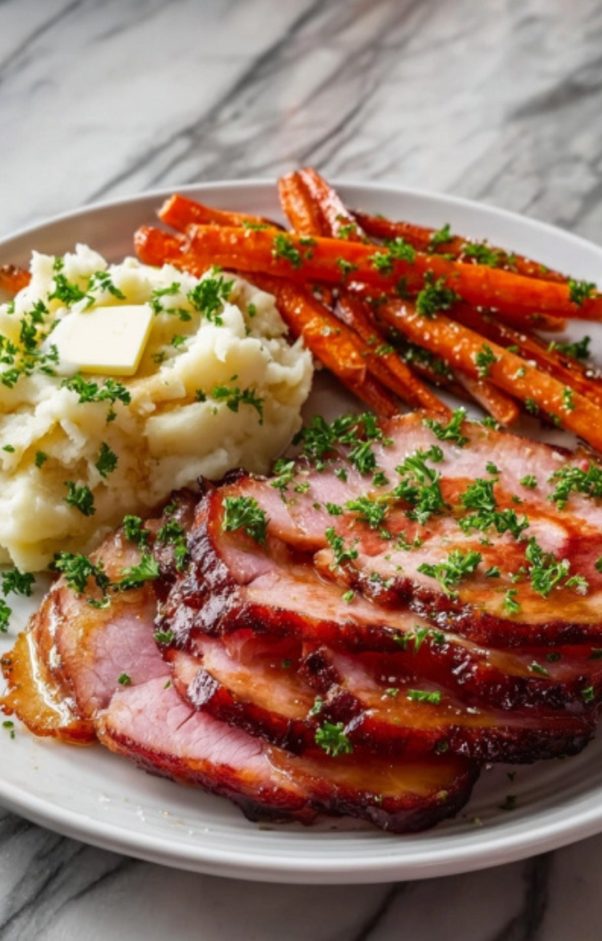 A plated meal featuring glazed smoked ham slices served with buttery mashed potatoes and roasted honey-glazed carrots.