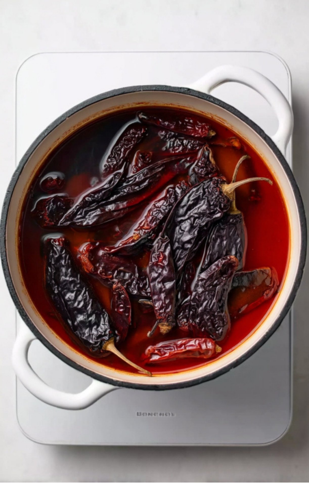 The toasted dried chilies soaking in a pot of hot red liquid to soften before being blended into a sauce.