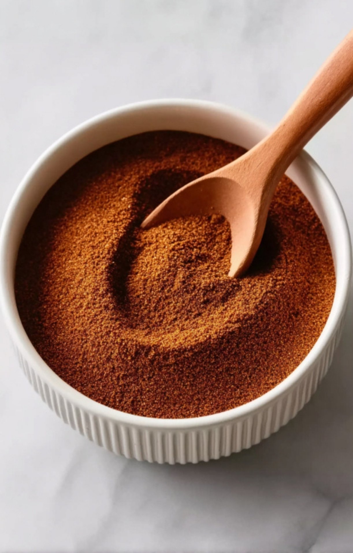 A wooden measuring spoon scooping into a bowl of deep orange-red taco seasoning, showing the soft, powdery consistency of the finished homemade blend.