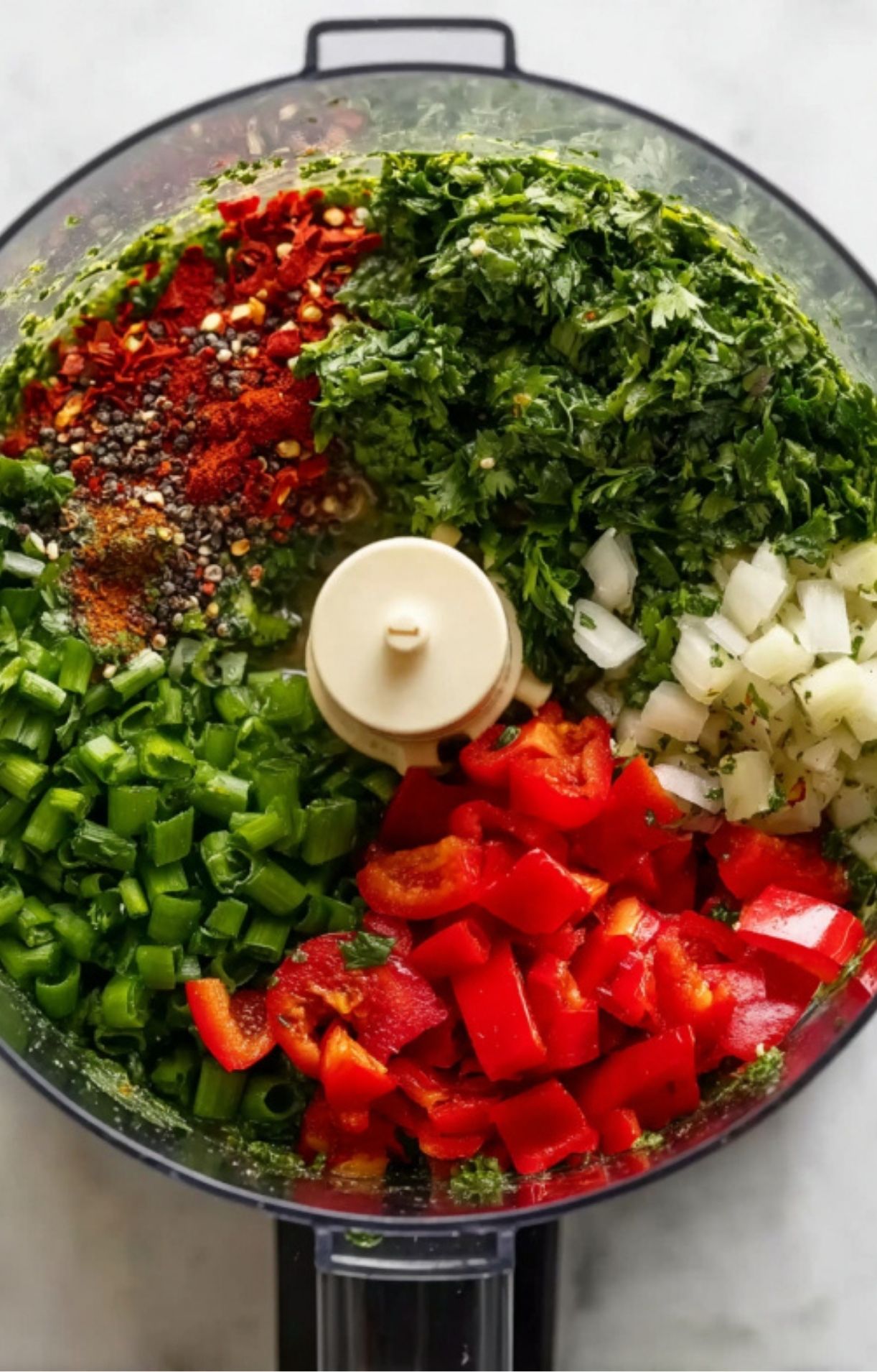 Colorful ingredients for chimichurri sauce—herbs, scallions, red peppers, and spices—arranged in a food processor.