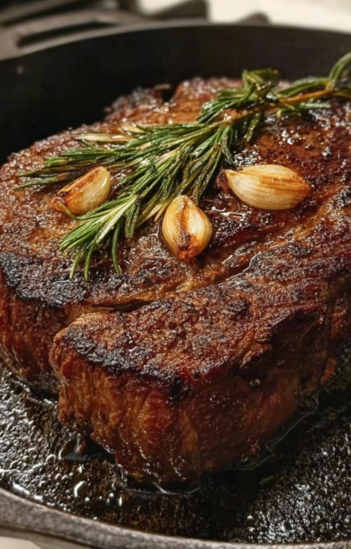 A cooked chuck roast being pan-seared in a cast iron skillet with charred garlic cloves and a sprig of fresh rosemary.
