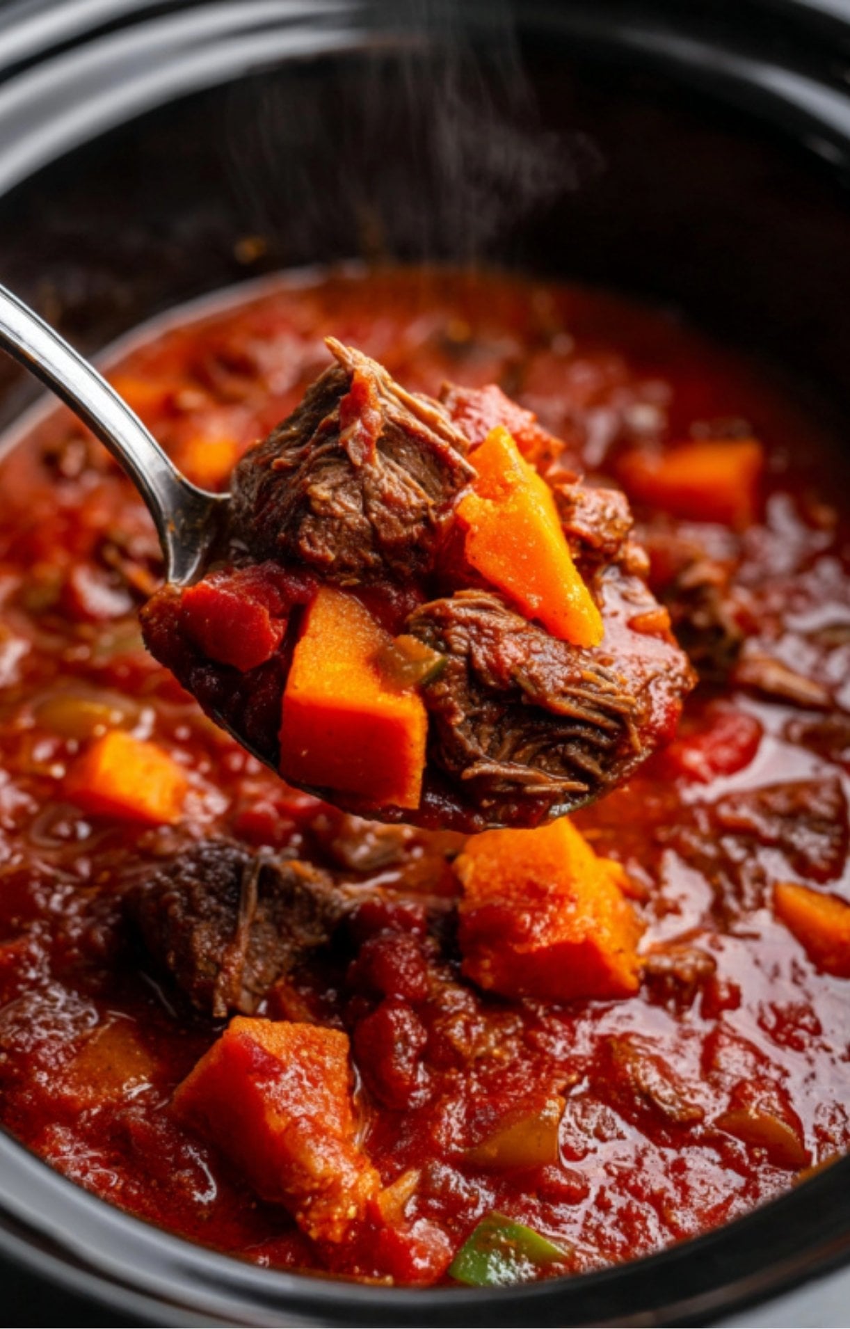 A metal spoon lifting a hearty scoop of cooked chili featuring tender beef chunks and sweet potatoes in a rich tomato broth.