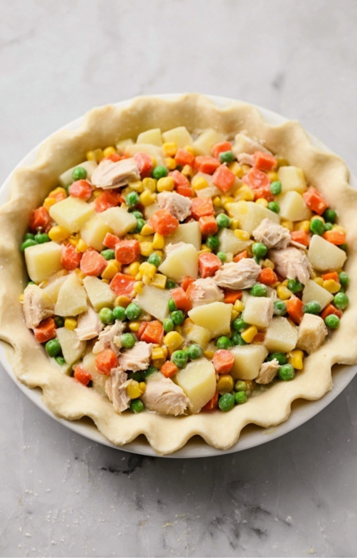 A bottom pie crust filled to the brim with cooked turkey chunks and colorful mixed vegetables.