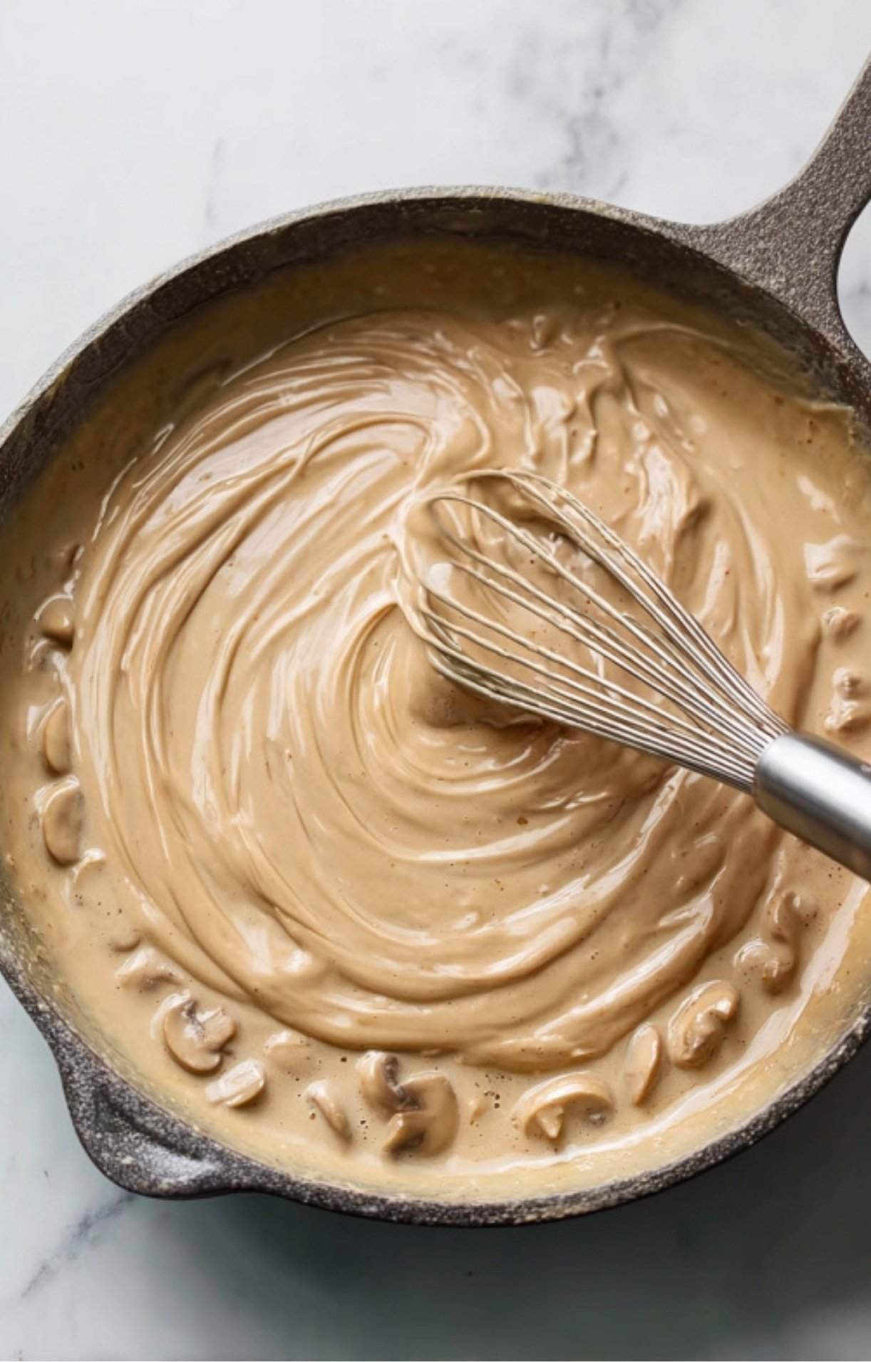 A metal whisk blending a thick, creamy brown gravy with mushrooms in a cast-iron skillet.