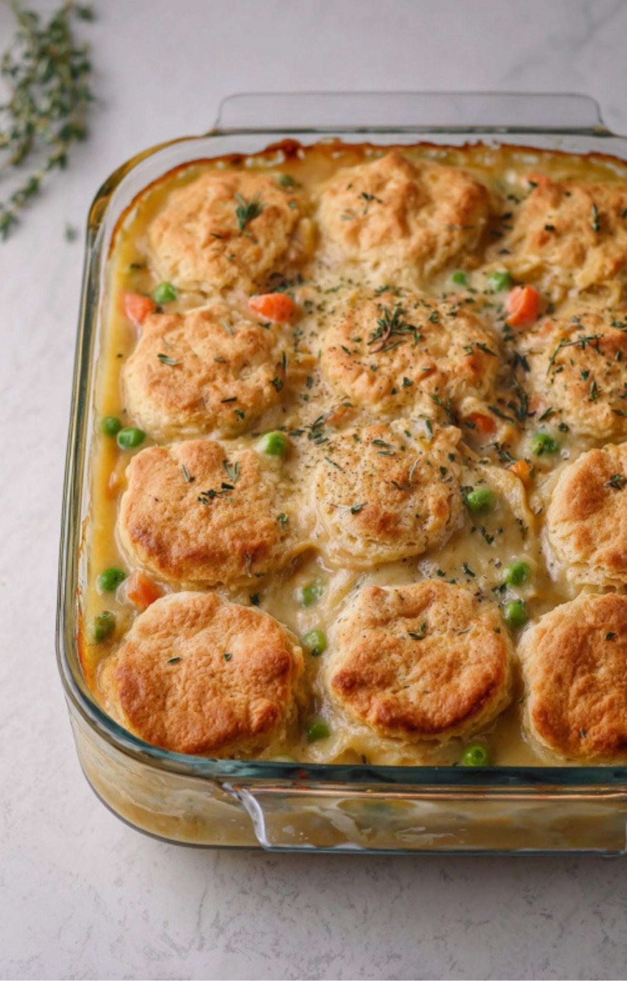 Freshly baked turkey pot pie in a glass casserole dish showing bubbly gravy and perfectly browned, crispy biscuit tops garnished with herbs.