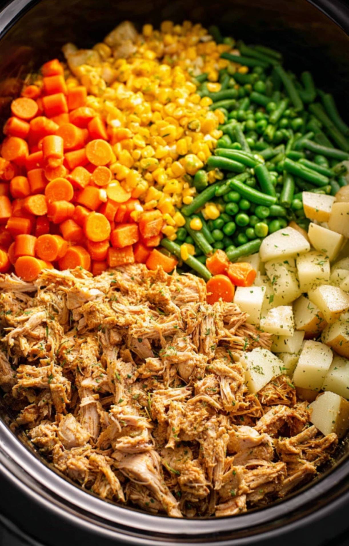 Raw diced carrots, corn, peas, green beans, potatoes, and shredded turkey arranged in separate sections inside a slow cooker.