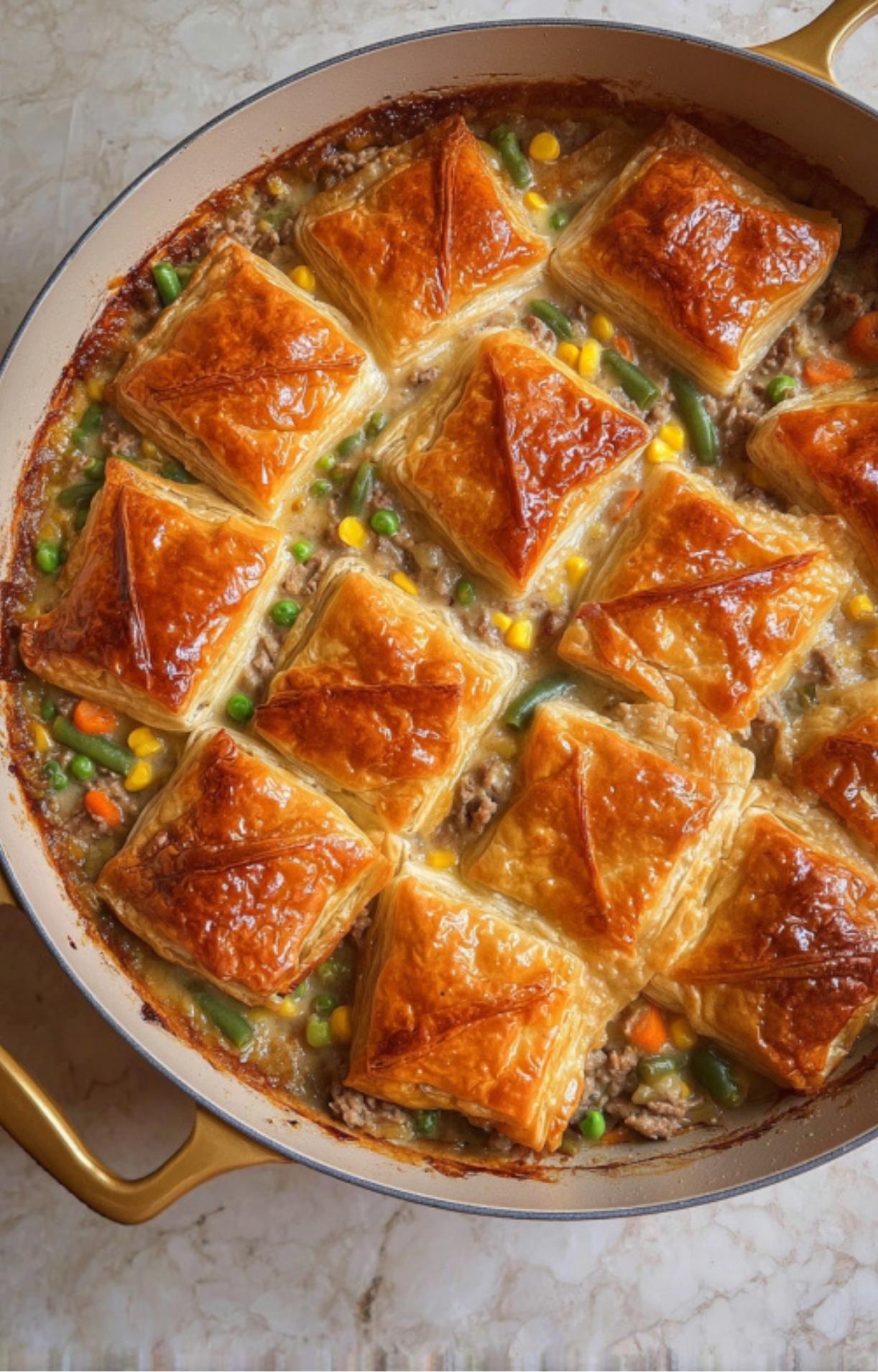 A close-up of the finished dish in the skillet, featuring deep golden, flaky pastry crusts and a bubbling, thickened turkey gravy with colorful vegetables.