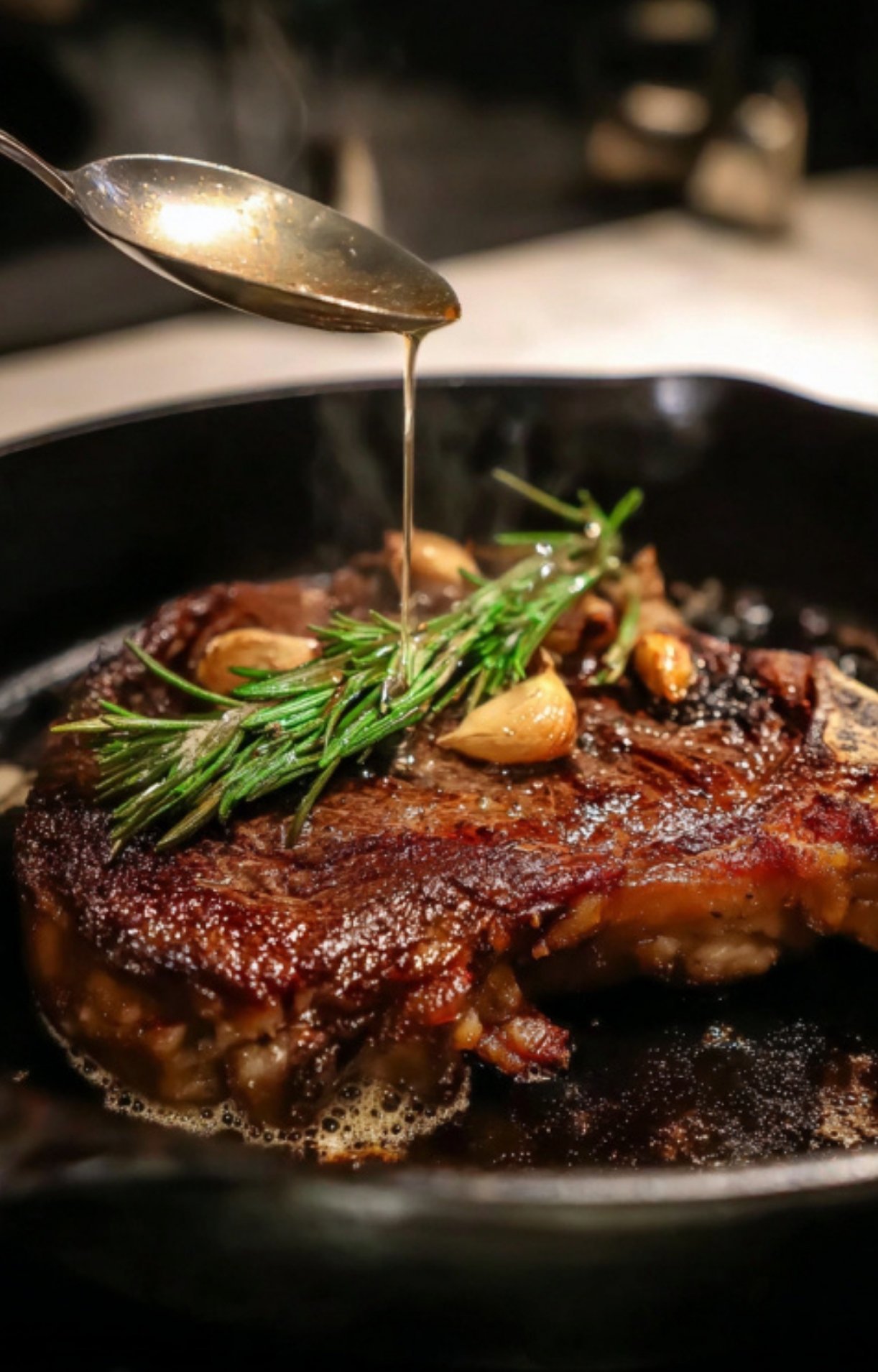 A metal spoon pouring hot, flavorful butter over a seared rib eye steak topped with fresh rosemary and garlic in a pan.