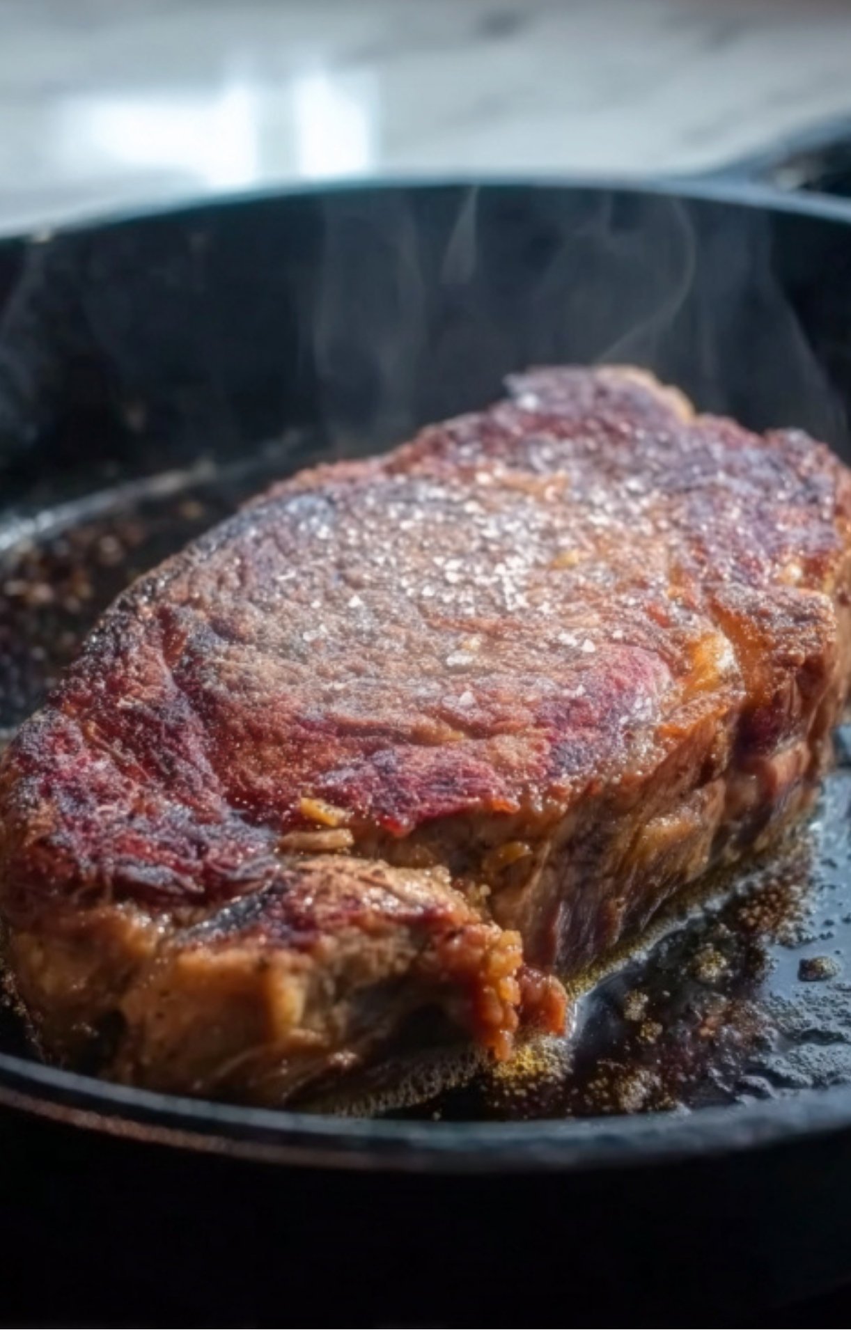 A thick rib eye steak being seared in a hot pan with steam rising and coarse salt visible on the crust.