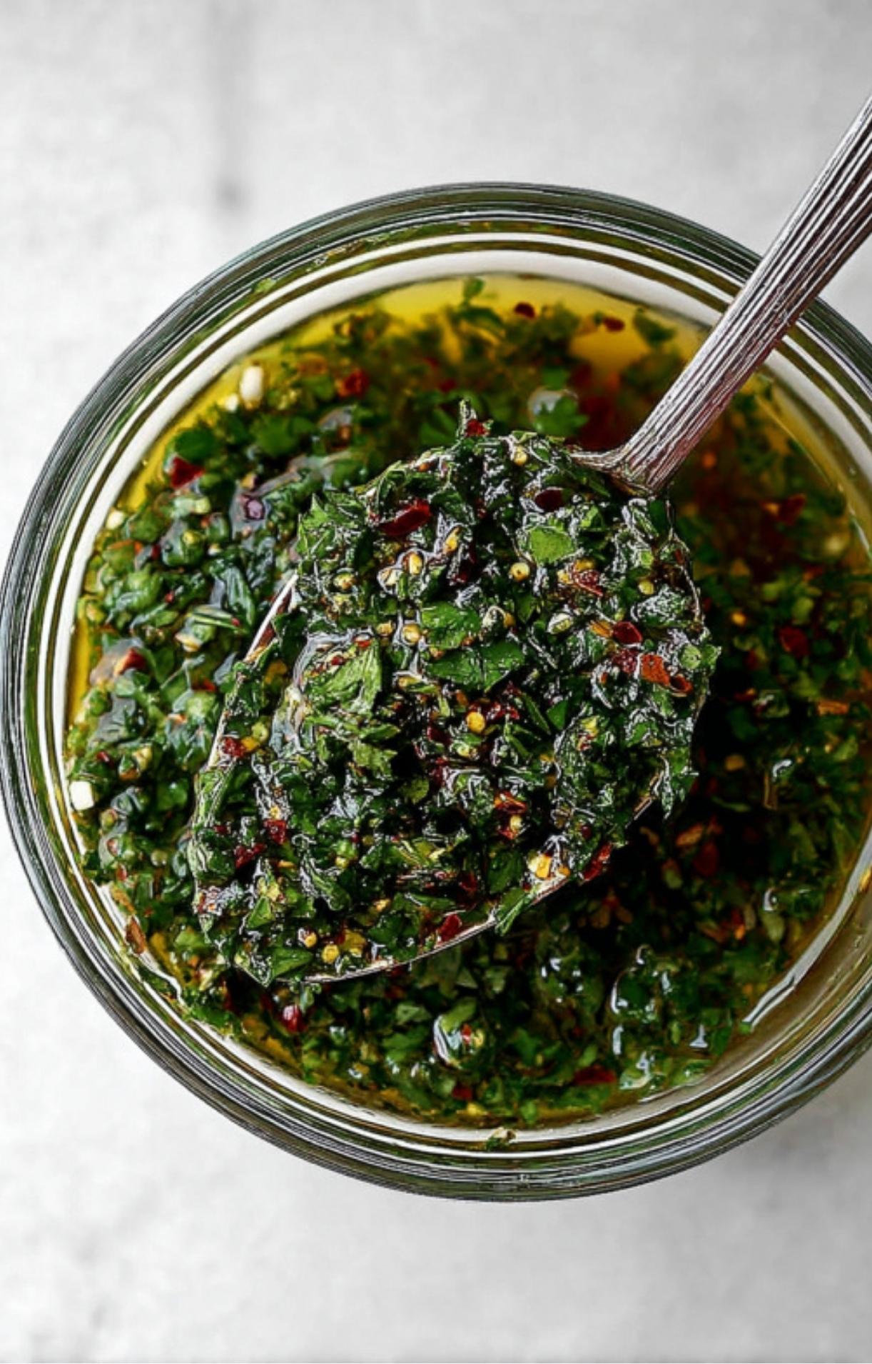 A close-up of a spoon lifting vibrant green chimichurri sauce out of a glass jar.
