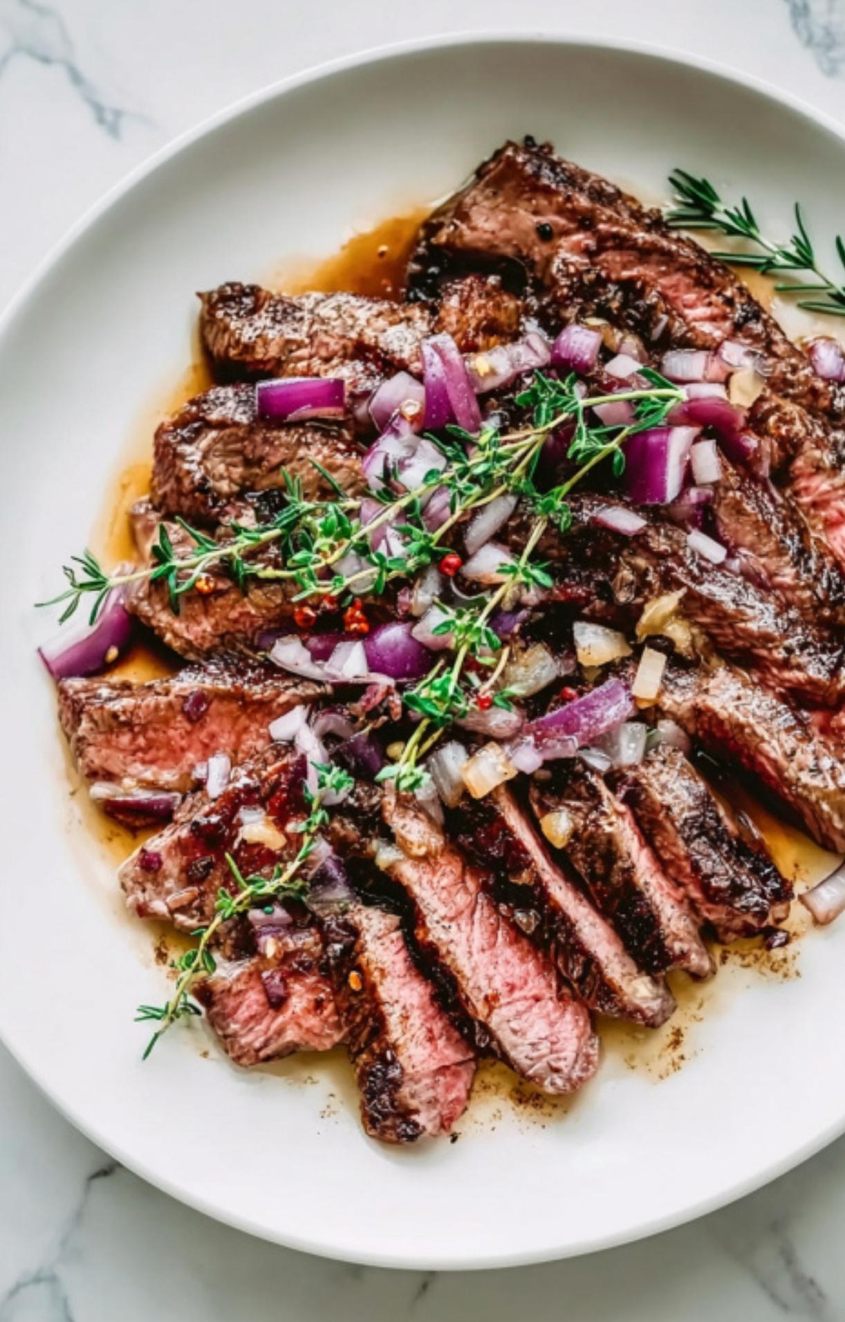 A white plate featuring a fan of thin sliced rib eye steak drizzled with herb butter and topped with caramelized onions.