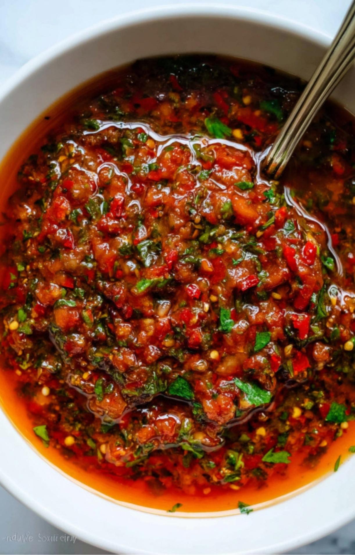 Freshly blended red chimichurri sauce with herbs and roasted peppers in a white bowl. The perfect partner for grilled meats.
