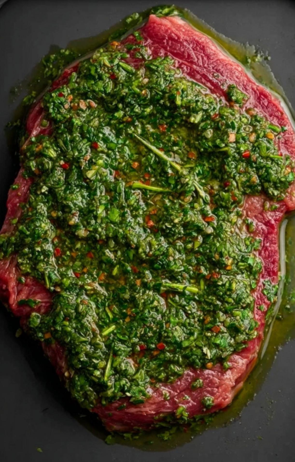 Raw steak coated with vibrant green chimichurri sauce, ready for grilling.